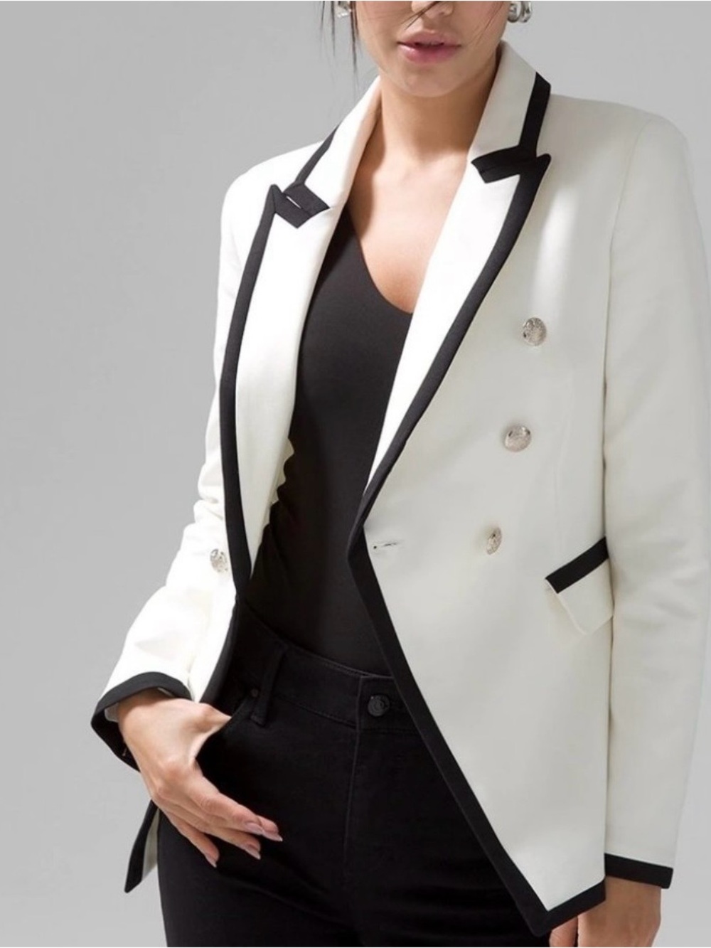 White House Black Market Cream Double-Breasted Blazer with Black Trim size 12 - Picture 2 of 11